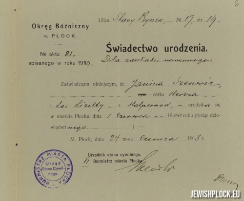 Birth certificate of Janina Szenwic (source: Archives of the University of Warsaw, reference number RP 2946)